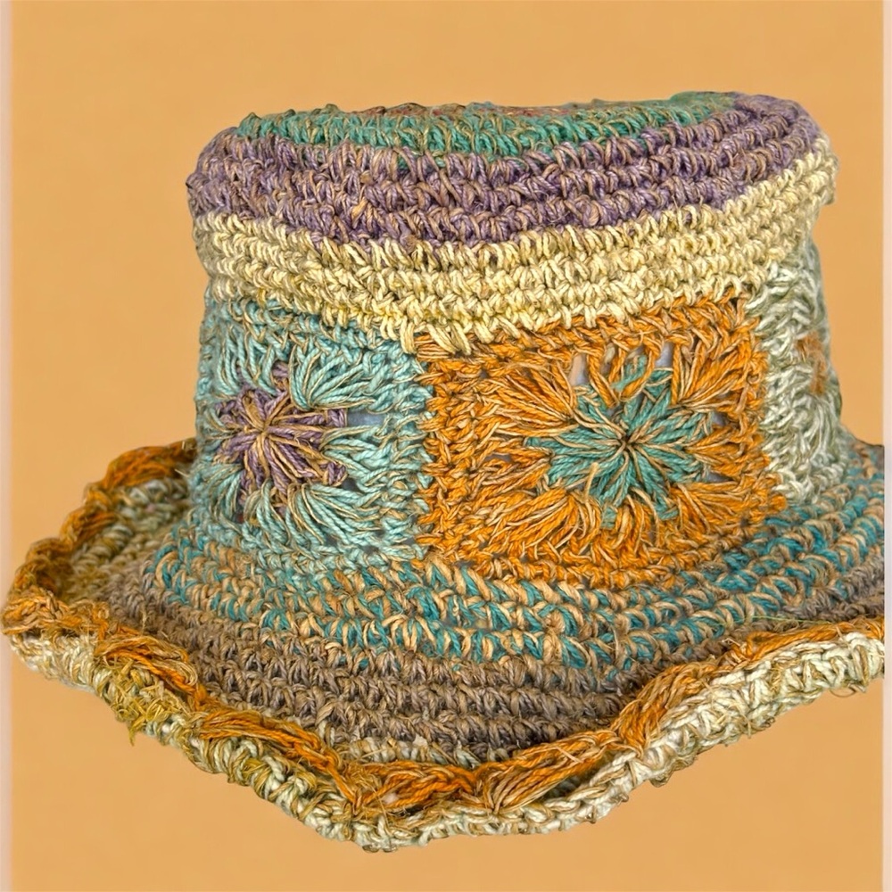 Colorful Hand Made Crochet Colorful Straw Bucket Hat - Picture 5 of 7